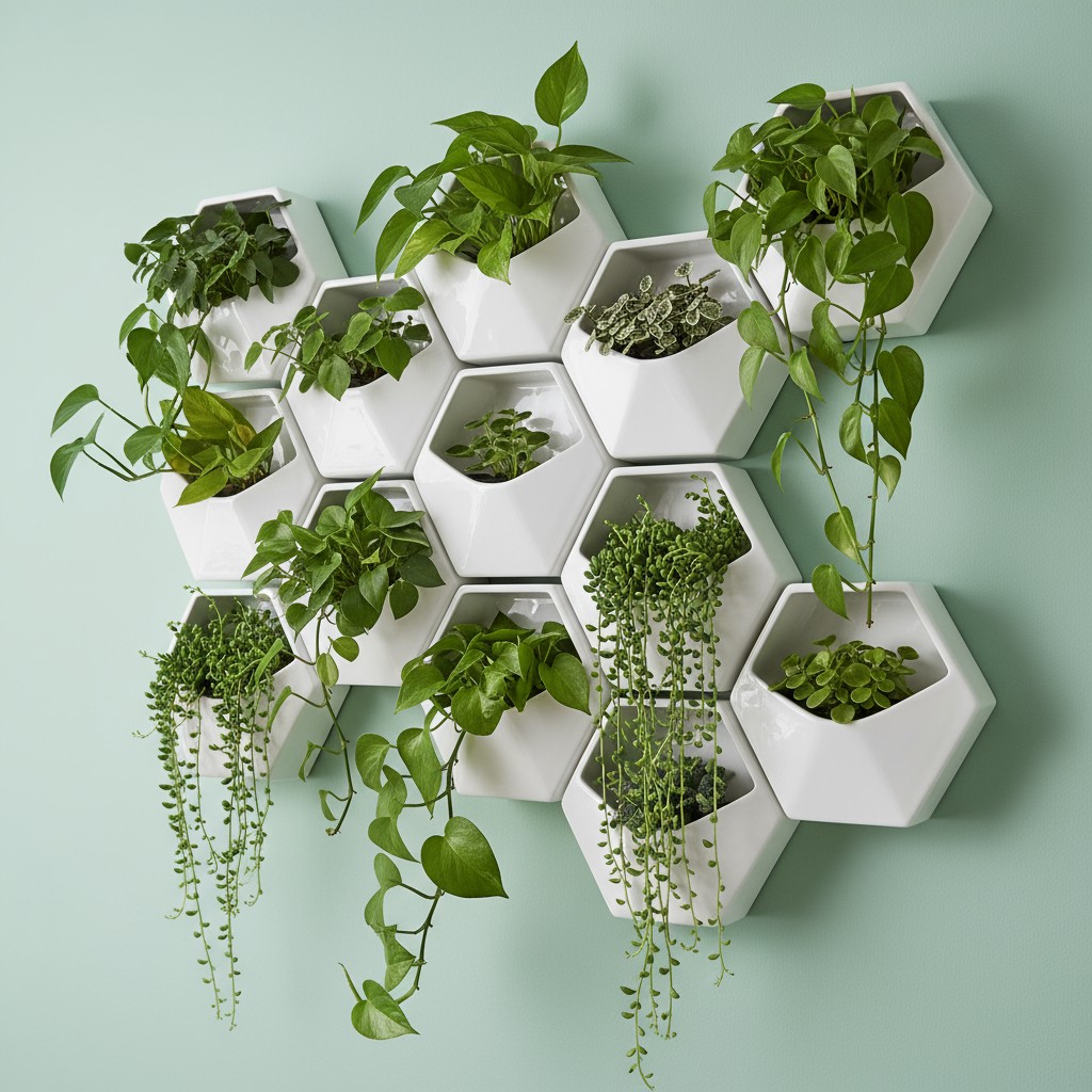 Green plants in hexagonal pots attached to a wall. Alt text: Green plants in hexagonal pots attached to a mint green wall.